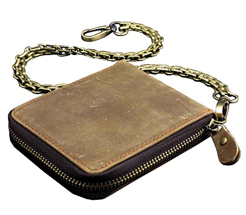 Genuine Cowhide Leather Zipper Card Holder Mens Wallet w/Chain Vintage Biker L722