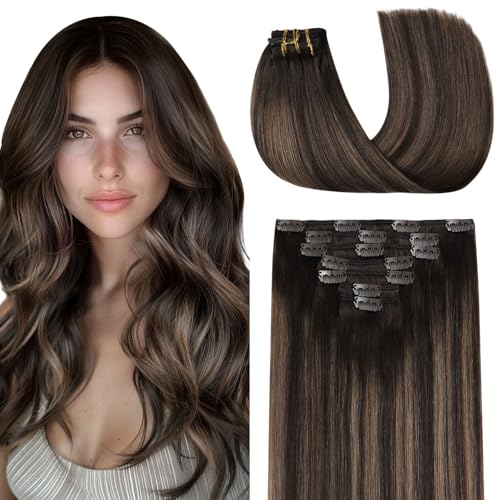 Image of COOKAYU Clip in Hair Extensions Real Human Hair, Balayage Dark Brown to Medium Brown 2 /6 /2 Remy Human Hair Clip in Extensions, Natural Human Hair Extensions Clip ins, 20inch 120g 7Pcs