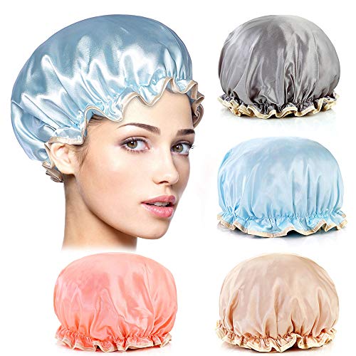 Shower Cap, 4 Pack Stylish Shower Caps for Women, Adjustable Elastic Band Double Layer Reusable Bath Cap Hat Hair Protection EVA Shower Caps (Champagne, Gray, Sky blue, Orange)