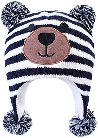 LANGZHEN Toddler Kids Infant Winter Hat,Earflap Knit Warm Cap Fleece Lined Beanie for Baby Boys (Bear -Navy Stripe, S(46-48CM/18.11"-18.9"))