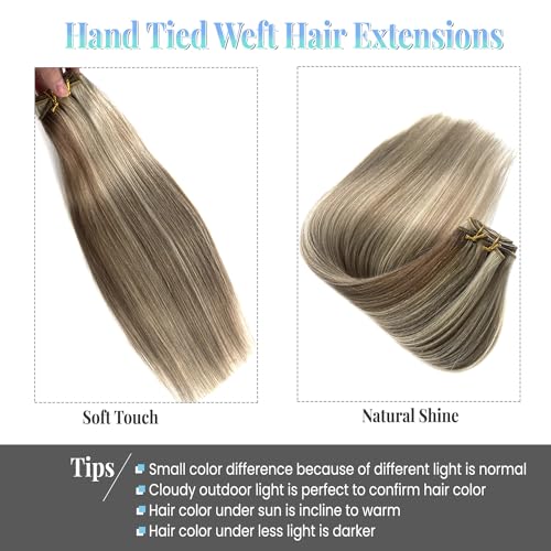 Image of Sew in Hair Extensions Real Human Hair, 120g 24 Inch Weft Hair Extensions Remy Real Human Hair Ash Brown Balayage Ash Blonde Highlights Human Hair Weave Bundles Full Head Straight Hair Wefts