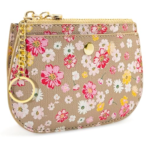 Coin Purse Wallet with Keyring, Small Zipper Pouch, Credit Card Holder, Taupe with Pink and Yellow Flowers (Taupe)3