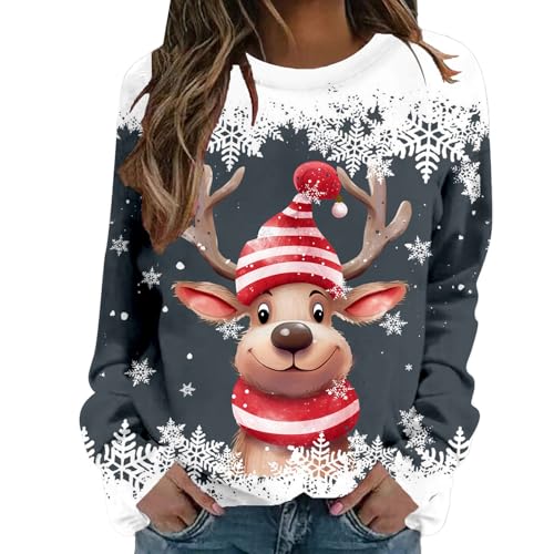 Image of Merry Christmas Jumpers for Women Xmas Tree Santa Claus Jumper Reindeer Graphic Printed Wine Glass Candy Canes Sweatshirts Jingle Bells Dwarf Vintage Dinosaur Elk Pullover, Grey, M