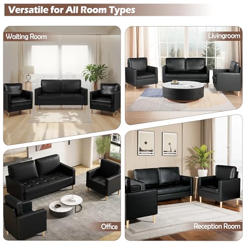 AILEEKISS Mid-Century Sectional Sofa Couch Set Faux Leather Office 3 Pcs Couch Set with Armrest Modern Upholstered Loveseat Couches for Livingroom (1-Seater+1-Seater+2-Seater, Black)