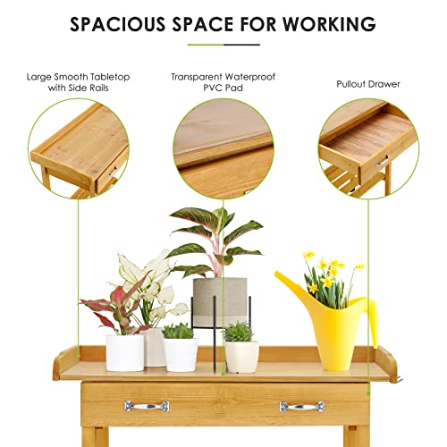Morinome Potting Bench Outdoor Potting Table, Garden Wooden Work Bench Station W/Table Top, Sliding Drawer, Bottom Open Shelf, 3 Hooks, Wheels, Planting Table Potting Station For Backyard, Natural #TOP1