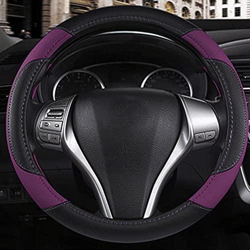 Image of Leather Car Steering Wheel Cover, Non-Slip Car Wheel Cover Protector Breathable Microfiber Leather Universal Fit for Most Cars (Purple-2)