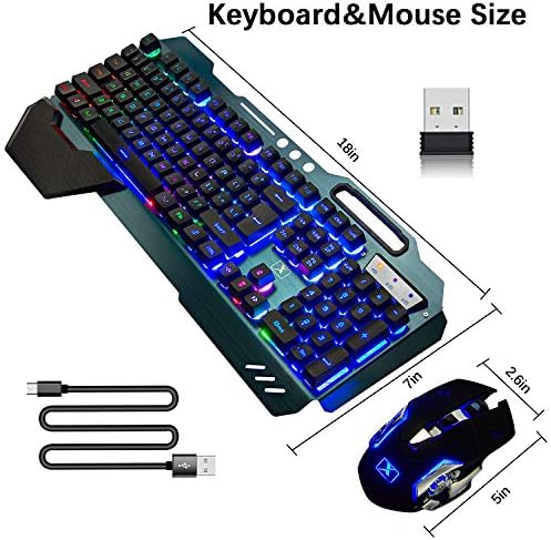 Wireless 2.4 GHz Rechargeable Keyboard Mouse Combo Set 3800mAh Long Battery Life Unifying USB-Receiver Rainbow Backlit Gamer Keyboard 2400DPI 7 Colors Breathing Optical Mouse Mice Compatible with Pc