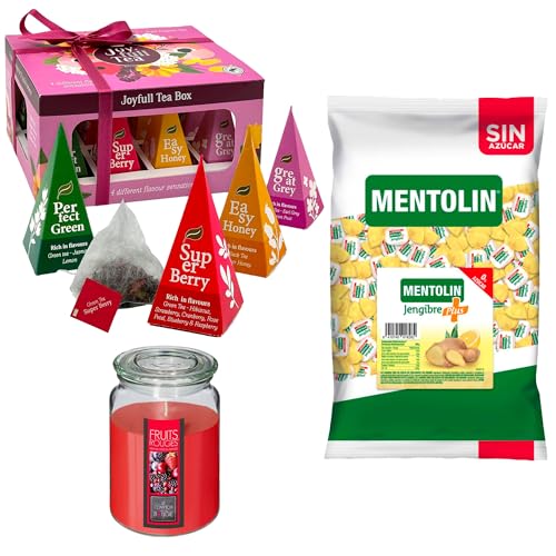 Pack Balsámico: MENTOLIN PLUS JENGIBRE S/A BOLSA 1KG + Vela perfumada con flor tiare + Caja de Té Joyfull con variedad de sabores
