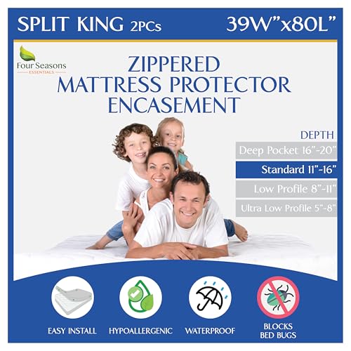 Split King Mattress Encasement 39 x 80 (2PCs) - Waterproof Zippered Protector Hypoallergenic Premium Quality Bed Cover