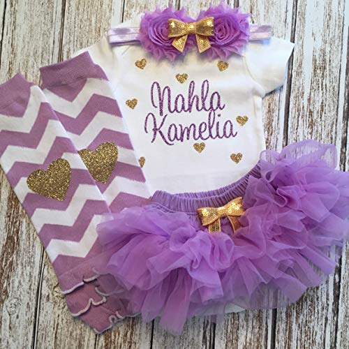 Personalized Baby Girl Outfit Baby Shower Gift Custom Name Glitter Heart Outfit Optional Tutu Bloomer Headband And Leg Warmers (Light Purple + Gold) #TOP1