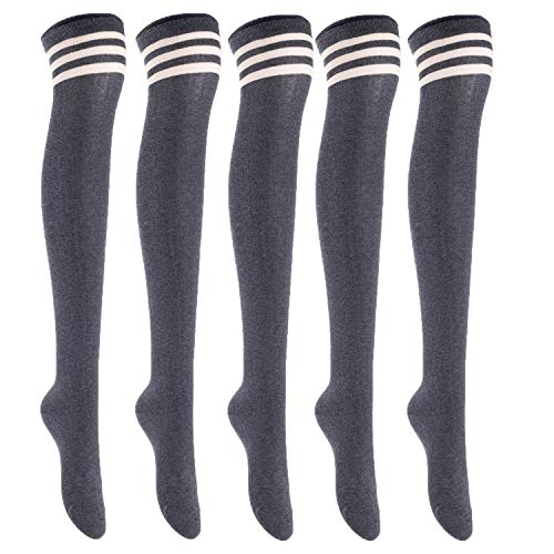 Lian LifeStyle Women's 5 Pairs Adorable Comfortable Soft Thigh High Over Knee High Cotton Socks Size 6-9 L1022(Dark Grey)
