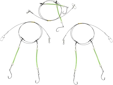 Saltwater Fishing Leaders, 49 Strands Stainless Steel Cable Tackle Rigs, Hooks, Swivels, Snap Connectors, Luminous Bead, 2 Arm Fishing Rig