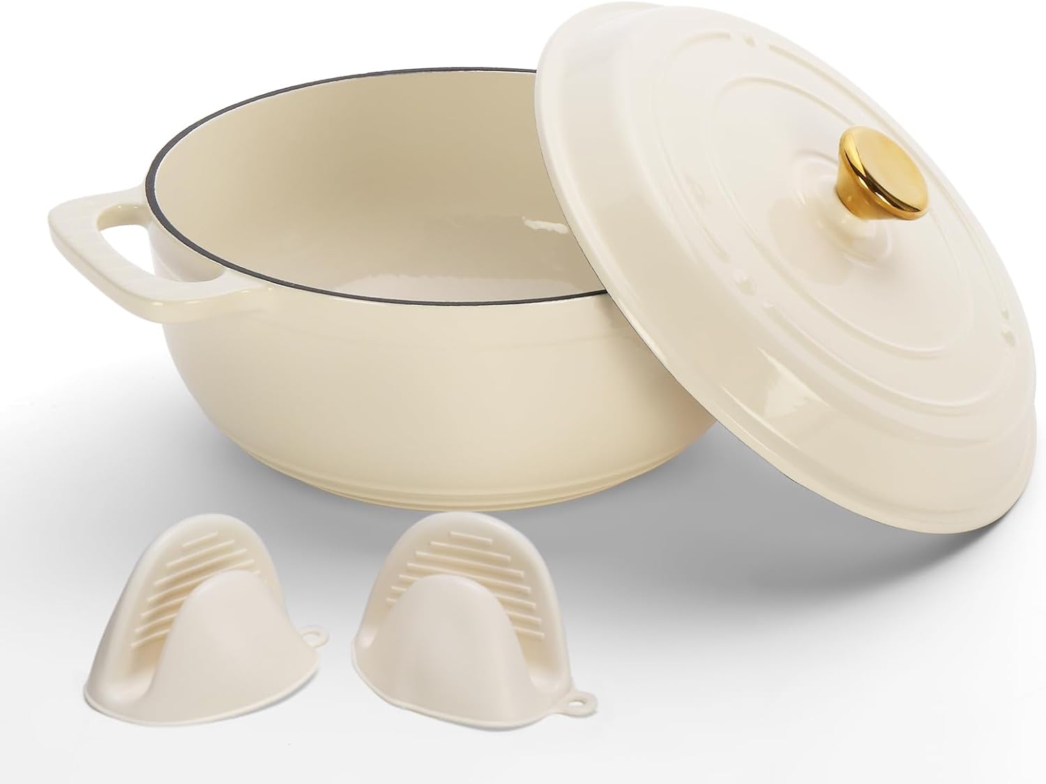 5QT Cast Iron Cooking Pot with Lid and Dual Handles - Multipurpose Round Enameled Pot with 2 Silicone Gloves, Heavy-Duty, Non-Stick (White)