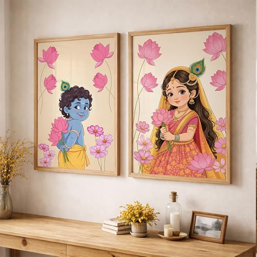 Image of Suneree Baby Krishna Radha Wall Art Painting | Set of 2 Framed Paintings | Radha Krishna Decor for Living Room Bedroom Pooja Room | (ART 11, 10x13 INCHES)
