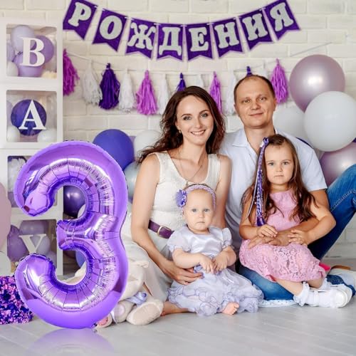 Image of 3rd Birthday Number Balloons for Kids, Self Inflating 40 Inch Purple Foil Balllons, Large Number 3 Balloons for Women 30th Birthday Party Bridal Shower Anniversary Graduation Party Decor Girl Supplies