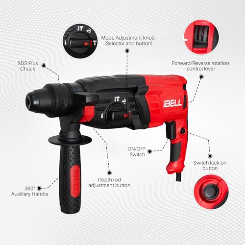IBELL Rotary Hammer Drill RH26-26, 780W, Copper Armature, SDS Plus Chuck :26 mm, 900 RPM, Impact Energy 3J with Vibration Control