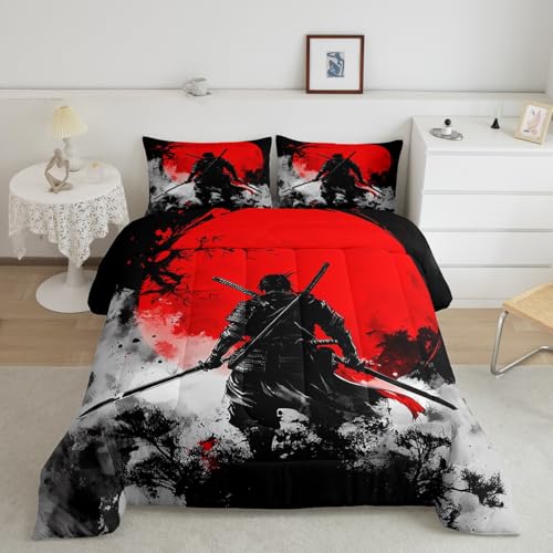 Image of Feelyou Japanese Samurai Comforter Set All Season Warrior Bushido Bedding Set with 1 Pillow Cases Black Red Microfiber Kids Toddler Bedclothes Mount Fuji Bedroom Decor Duvet Quilt Breathable Soft