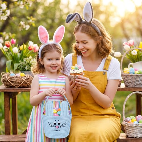 Image of Teenyyou Woven Easter Baskets Woven Bunny Baskets with Handles Eggs Hunt Bucket Rabbit Cotton Rope Basket Baby's First Easter Basket Gift for Toddler Boys Girls(Macaron Blue)