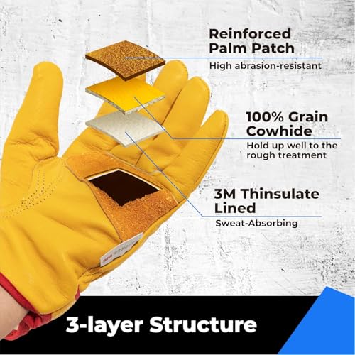 Image of toolant Winter Leather Work Gloves, Warm 3M Thinsulate Lining for Cold Weather Work, Thermal Insulated Gloves