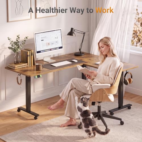Image of Claiks L Shaped Standing Desk Dual Motor 63 x 55 Inch Rustic Brown