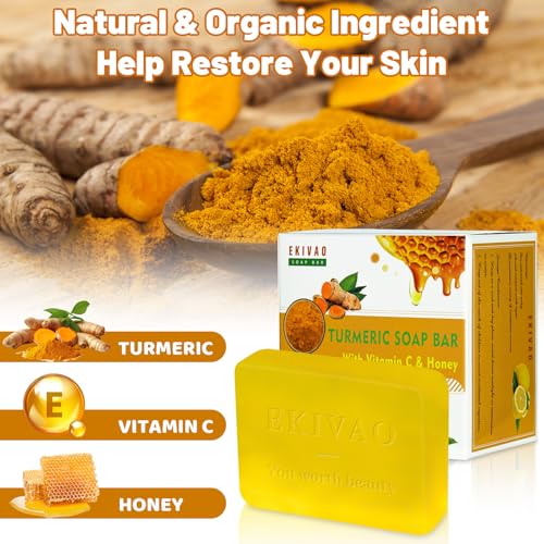 EKIVAO 3Packs Best Turmeric Soap Bar, Organic Tumeric Soap for Face and Body, Honey Lemon Tumeric Body Wash with Vitamin C, E, Citrus, Turmeric Face Wash for Smoothing, Moisturizing skin