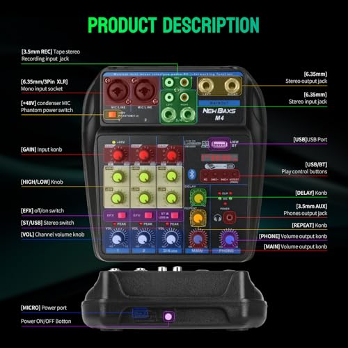 DJ Audio Mixer, DJ Mixers 4 Channel Sound Board with Bluetooth, NEW BAXS Sound Mixer Board XRL/1/4\" Interface, USB/MP3 Computer Input 48V Phantom Power Stereo DJ Studio Streaming KTV Stage