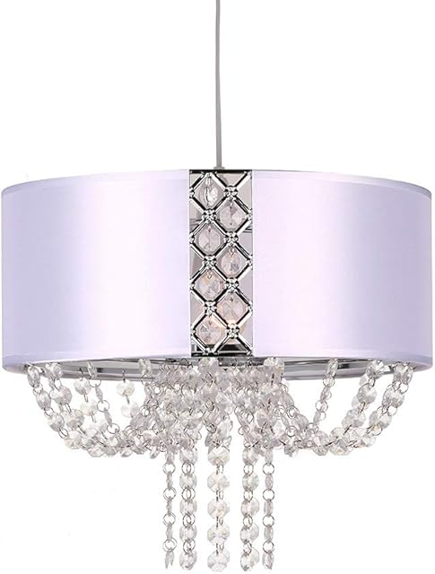 K LIVING Ruth White Drum Fabric Shade with Clear Beaded Chandelier Droplets