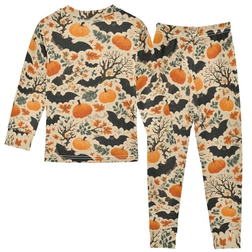 Pajama Sets Long Sleeve Halloween Themed Bat Pumpkin Pattern Soft Comfy Sleepwear 2 Piece PJS 3-8T3