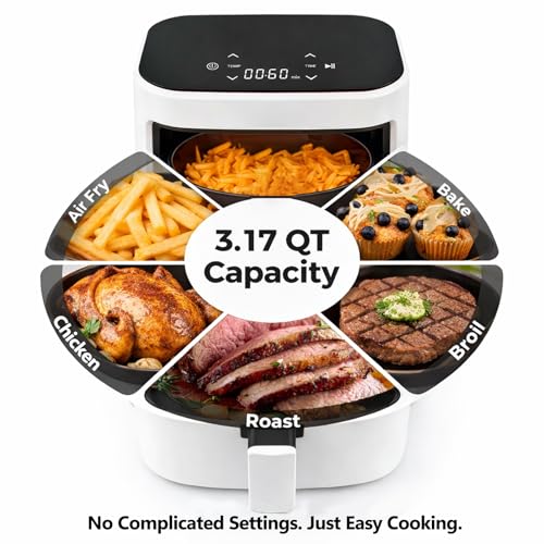 Image of Simple Deluxe 8-in-1 Air Fryer 3 Qt, Digital Preset Airfryer with Overheat Protection and Auto Shut-Off, Nonstick and Dishwasher-Safe Basket for Fries, Bake, 60-Min Timer, Max 400F, 800W, White
