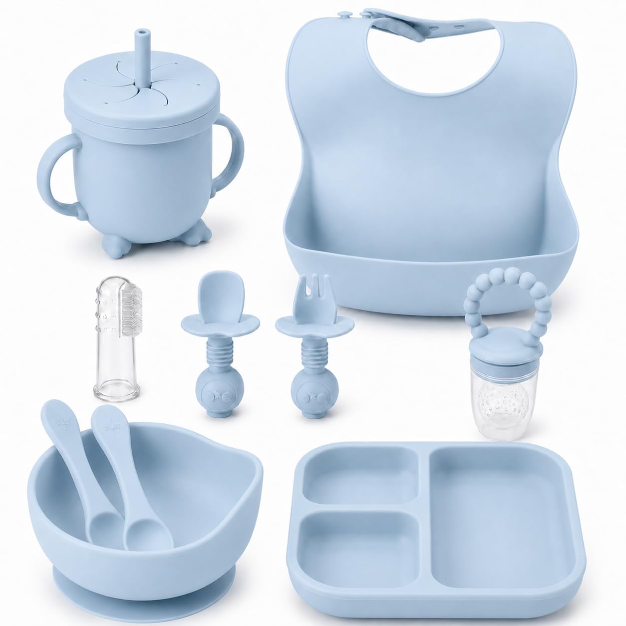 Janzehub Baby Weaning Set 10 Pcs Silicone Baby Feeding Set, Weaning Set with Suction Plate, Suction Bowl, Catching Bib, 2-in-1 Snack & Weaning Cup, Mat, Wooden Fork & Spoon,Mini Fork & Spoon,[Blue]