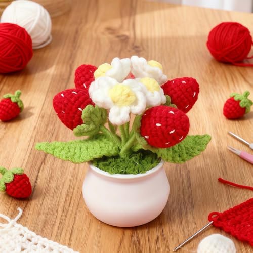 Planta em vaso de morango de crochê