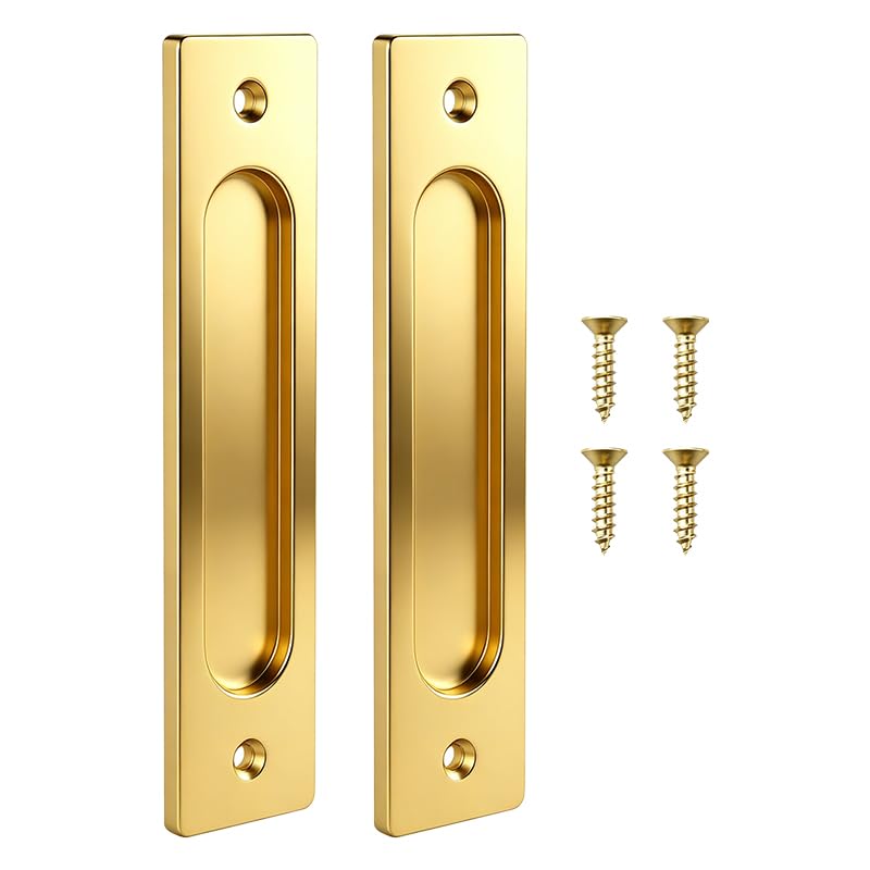 BroLuka (Gold,Square) 2Pcs Recessed Sliding Door Pull, 180x40mm Aluminum Alloy Flat Bottom Finger Pull with Screws for Barn Door, Closet, and Cabinet, Gold
