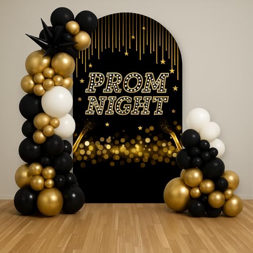 Prom Night Arch Backdrop, Black and Gold Party Decorations with Lights and Sparkles, Glamorous Prom Arch Backdrop for Graduation Dance Photo Booth and Event Decor (7.2FT)