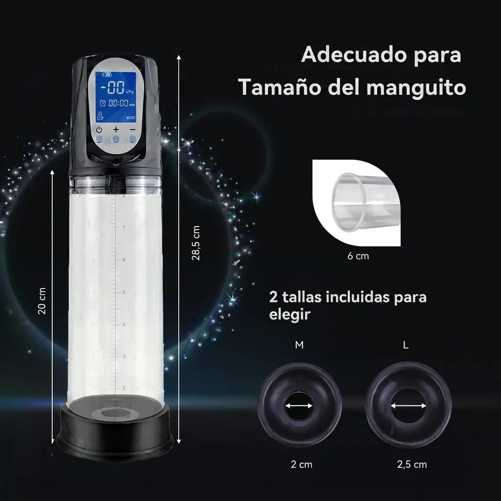 Bomba de Pene Eléctrica Automática con Pantalla LED | 2 Anillos de Silicona | Carga USB | Impermeable | Estimulador y Amplificador Masculino