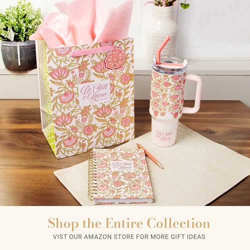 Image of Christian Art Gifts Extra Large Stainless Steel Double Wall Vacuum Insulated Travel Tumbler for Women: Be Still Inspirational Scripture, Lid, Reusable Straw, Wide Handle, White & Pink Floral, 40 oz.