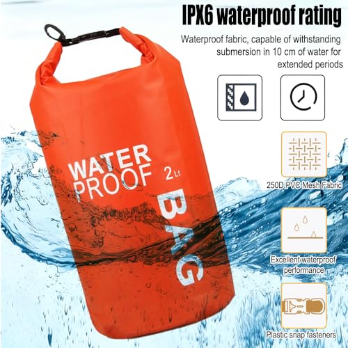 Bolsa seca impermeable de 2L, ligera y compacta con cierre enrollable para kayak, natación, camping y playa, resistente al agua, color naranja miniatura 4