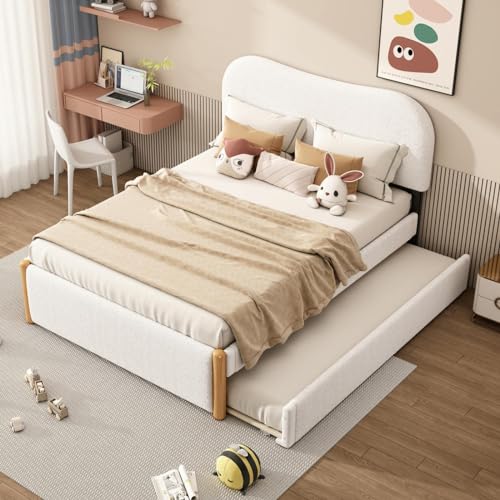 Sweiko Lit Plat 140 * 200cm, lit rembourré en Bois avec lit gigogne Pratique, Cadre de lit pour Enfants,lit Adult Double