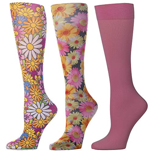 Celeste Stein Therapeutic Compression Socks for Women, 8-15mmhg Mild, Set Of 3, Made In Usa, Help Leg Circulation Bright Daisies Queen, 3count