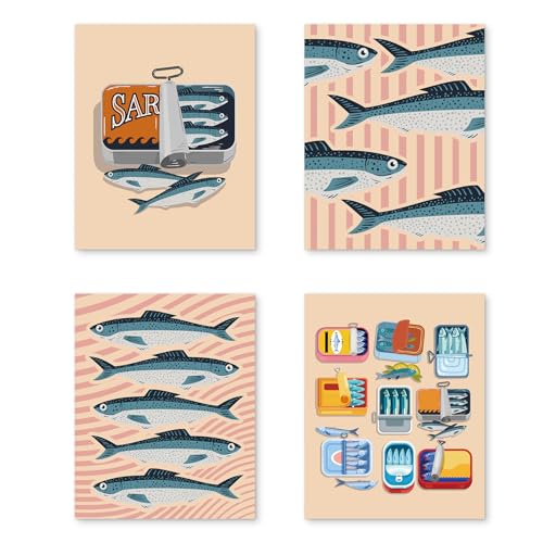 PUHEI Retro Coastal Beach Sardine Fish Wall Art Prints Set of 4, Coastal Ocean Fish Wall Posters Decor for Home Kitchen Dining Room, Retro Sardine Canned Seafood Poster Prints (8x10 Inches UNFRAMED)