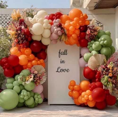 Image of Sage Green Orange Red Balloons Double Stuffed Fall Balloon Burnt Orange Pink Balloons Burgundy Sand White Balloon for Autumn Birthday Baby Shower Wedding Bridal Shower Party Decorations