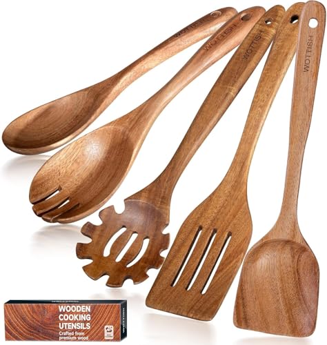 WOTTISH Cucharas de madera para cocinar, juego de 5 utensilios de cocina de madera maciza natural, incluye cucharas de ensalada, cuchara de espagueti, tenedor de ensalada, espátula plana, espátula