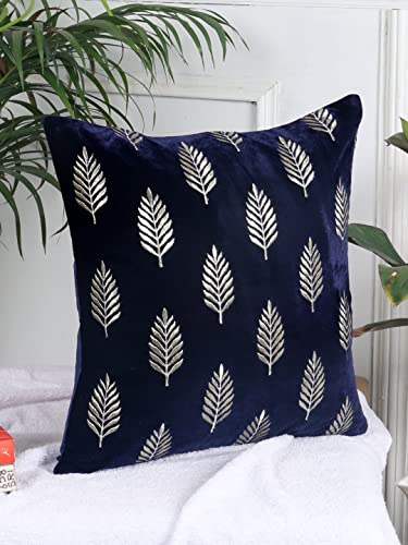 Image of Decoghar Blue Handmade Sofa Cushion Covers | Golden Zari Leaf Embroidered Square Throw Pillow Cover | 16 X 16 Inch | Pack of 3