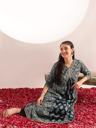 Image of Vbuyz Cotton Floral Printed A-Line Mirror Work Kurta for Women
