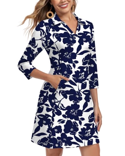 Image of WOWENY 3 /4 Sleeve Dress for Women with Pockets V Neck UPF 50+ Casual Sun Dress Breathable Quick Dry Beach Vacation