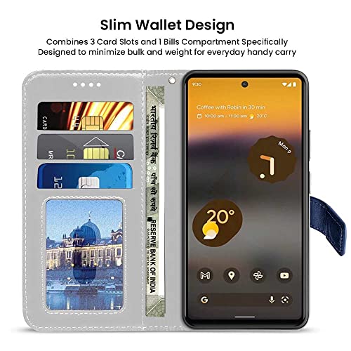 Image of FLIPPED Vegan Leather Flip Case Back Cover for Google Pixel 6A (Flexible, Shock Proof | Hand Stitched Leather Finish | Card Pockets Wallet & Stand | Blue with Black)