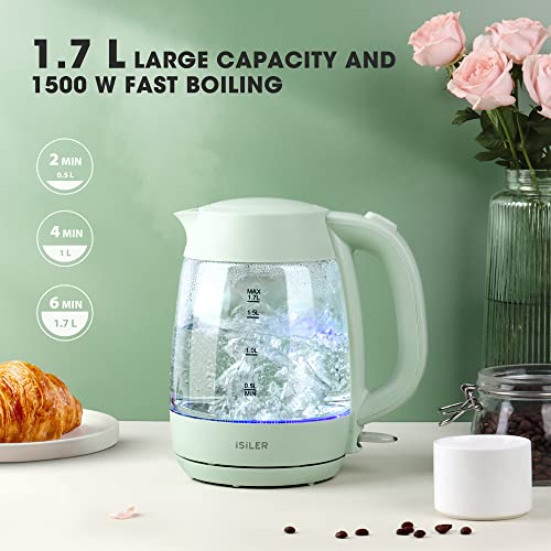 Image of iSiLER 1500W Electric Kettle, 1.7 L Electric Tea Kettle with LED Indicator, Cordless Electric Glass Hot Water Boiler, Portable Teapot Heater Auto Shut-Off & Boil-Dry Protection BPA-Free Green