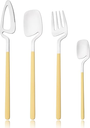 Snplowum Juego de 24 cubiertos para el hogar, utensilios de cocina de acero inoxidable 1810 de metal mate con asas de colores agradables para 6