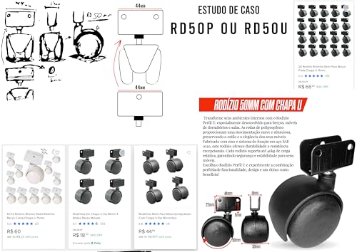 Kit 6 Rodizio para moveis Giratório sem freio 50mm Perfil U 19mm Preto