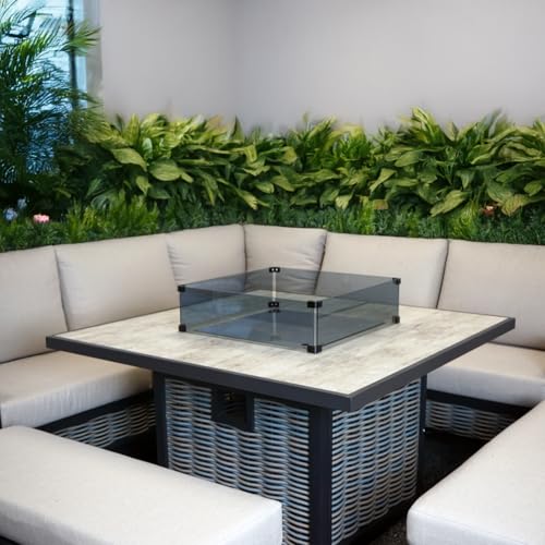 Furnishings For Less UK L Shaped 9 Seater Beige Wooden Rattan Patio Set With Square Fire Pit Table Outdoor Seating (No - Rain Cover) - Image 8