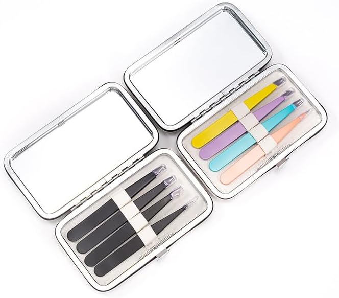 Miniatura 3 de Juego de pinzas  Kit profesional de pinzas de acero inoxidable para cejas para mujeres y hombres con espejo y estuche de viaje de cuero, depilación